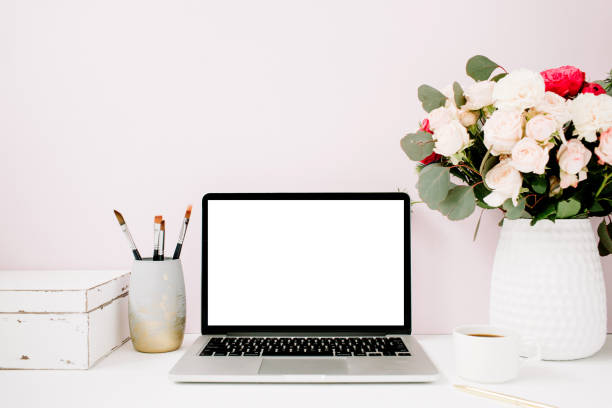 istock Home office desk with blank screen laptop 828473600