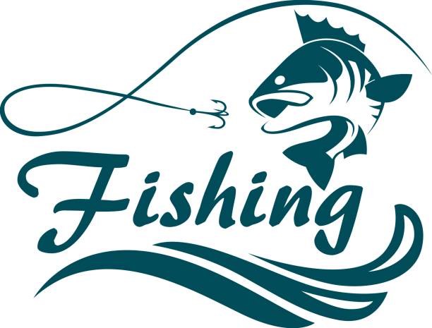 fishing sport emblem fishing emblem with bass, waves and hook fishing tackle stock illustrations