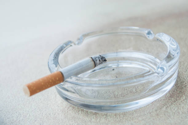 cigarette on the edge of the glass ashtray - cigarette smoking ashtray tobacco imagens e fotografias de stock