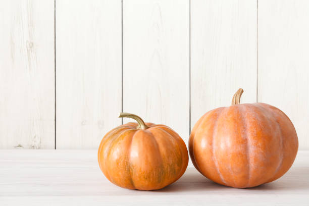 istock Pumpkins on white wood background with copy space 828488962