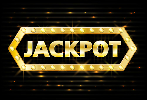 Jackpot gold casino lotto label with glowing lamps on black background. Casino jackpot winner design gamble with shining text in vintage style. Vector illustration EPS 10