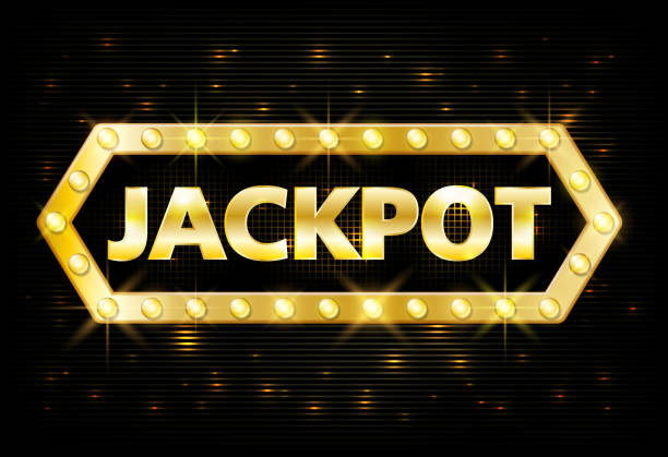 Jackpot gold casino lotto label with glowing lamps on black background. Casino jackpot winner design gamble with shining text in vintage style. Vector illustration Jackpot gold casino lotto label with glowing lamps on black background. Casino jackpot winner design gamble with shining text in vintage style. Vector illustration EPS 10 jackpot stock illustrations