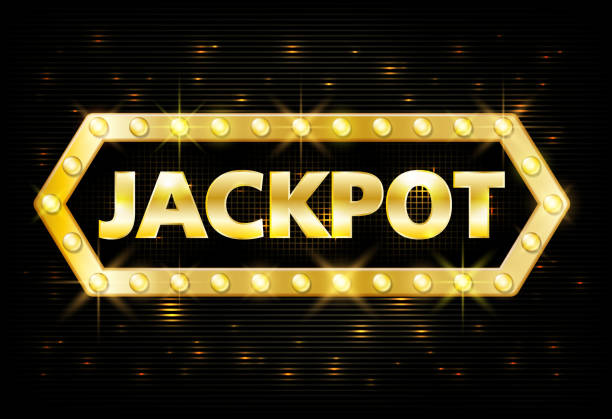 Jackpot gold casino lotto label with glowing lamps on black background. Casino jackpot winner design gamble with shining text in vintage style. Vector illustration Jackpot gold casino lotto label with glowing lamps on black background. Casino jackpot winner design gamble with shining text in vintage style. Vector illustration EPS 10 jackpot text stock illustrations