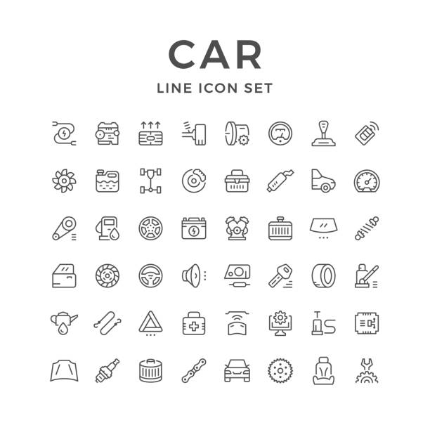ilustraciones, imágenes clip art, dibujos animados e iconos de stock de conjunto de coches relacionadas con los iconos de línea - motor