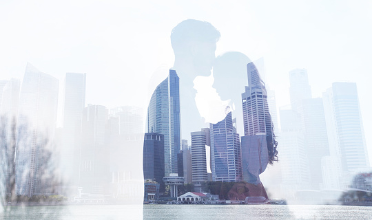 love in big city, couple silhouette double exposure background, man and woman relationships concept