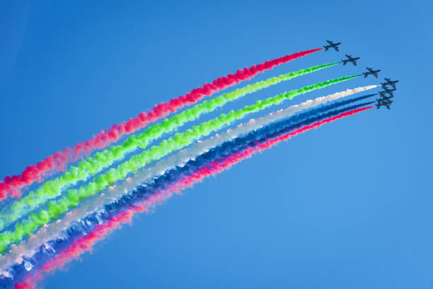 Aerobatic display team from the United Arab Emirates Moscow Region - July 21, 2017: Aerobatic display team from the United Arab Emirates at the International Aviation and Space Salon (MAKS) in Zhukovsky. moscow international air show stock pictures, royalty-free photos & images