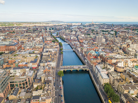 Aerial view of the river Liffey, Dublin city centre, Ireland.