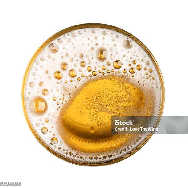 Beer With Bubble On Glass Circle Isolated On White Background Top View Stock Photo - Download Image Now