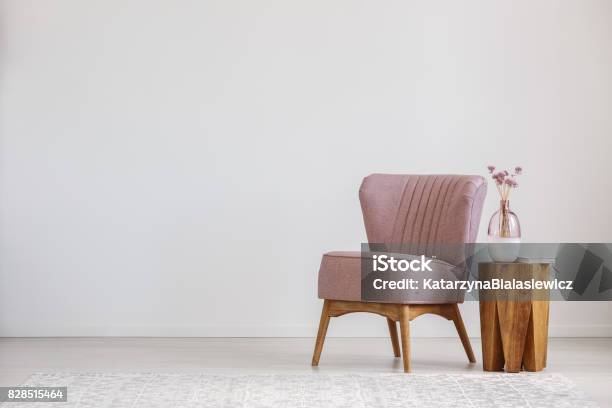Pink Flowers In Glass Vase Stock Photo - Download Image Now - Chair, Pink Color, Armchair