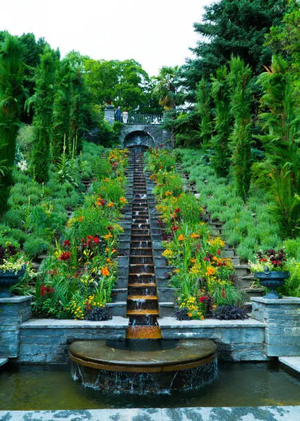 Park with flowers and artificial waterfall in Italian style on the island of Mainau in Germany.