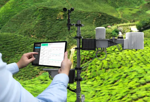 Weather station data logging wireless monitoring , tracking and forecasting temperature , humidity ,light ,wind , rain level with application on tablet screen. Smart farm ,agriculture and iot concept.