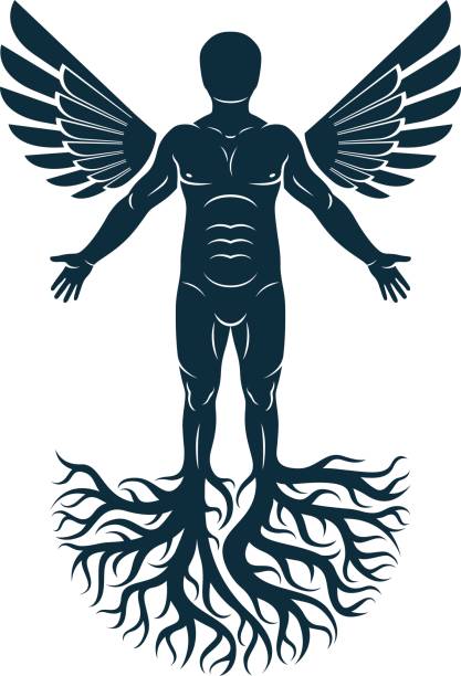 istock Vector artistic graphic illustration of muscular human, self. Strong roots and angel wings as symbol of personality growth and development. 828522596