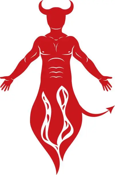 Vector illustration of Vector human being standing in flame. Mystic infernal horned Satan, evil spirit.