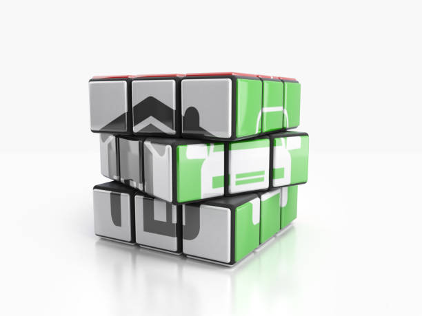 istock Concept of a deliberate solution House and car painted on a cube of rubik 3d render on white 828523180
