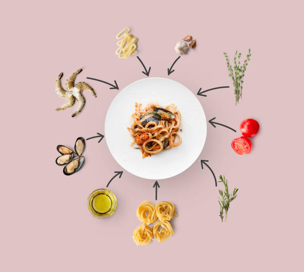 cooking ingredients for italian food, seafood pasta, isolated on pink - divided plate imagens e fotografias de stock