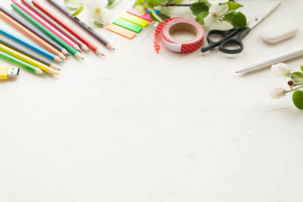 istock Good bay, school stationery and blosom apple brunch 828530570