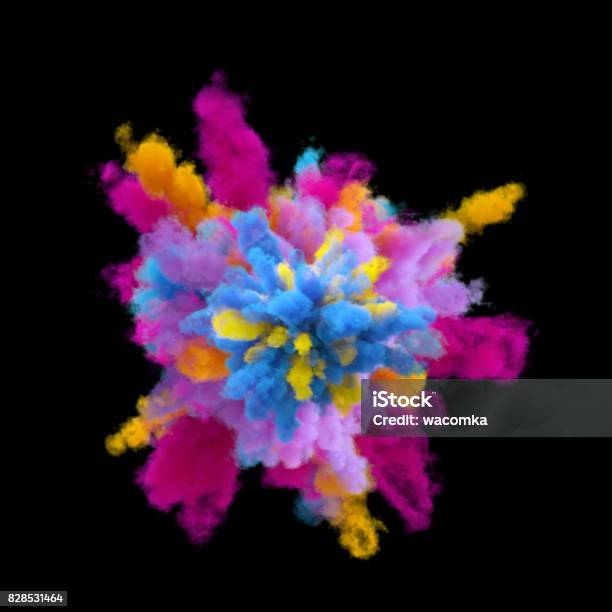 3d Render Explosion Of Colored Powder Colorant Clouds Of Colorful Dust Isolated On Black Background Stock Photo - Download Image Now