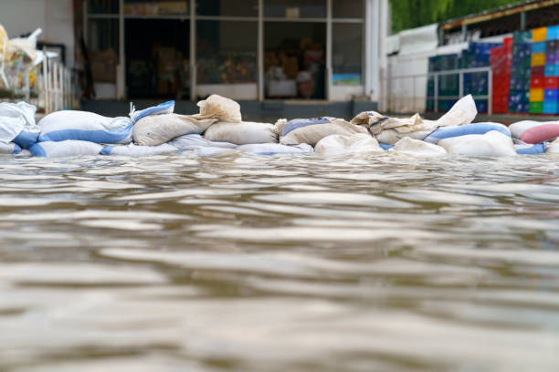 Flood water - Sandbags for flood defense Flood water - Sandbags for flood defense emergency shelter stock pictures, royalty-free photos & images