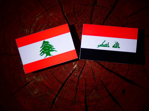 Lebanese flag with Iraqi flag on a tree stump isolated Lebanese flag with Iraqi flag on a tree stump isolated iraqi flag stock pictures, royalty-free photos & images