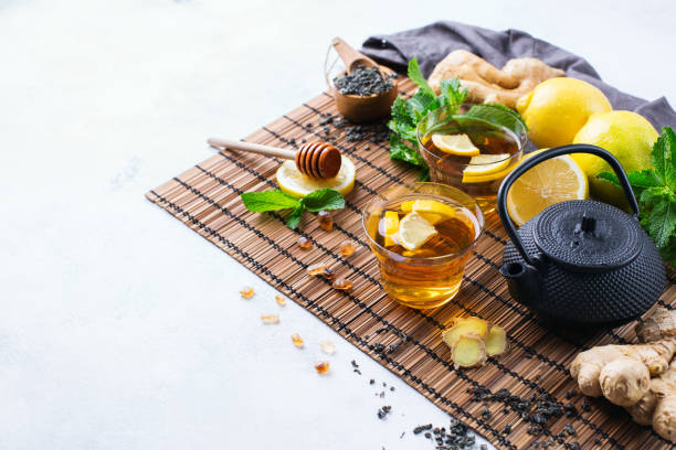 istock Japanese chinese tea teapot lemon ginger mint 828574484