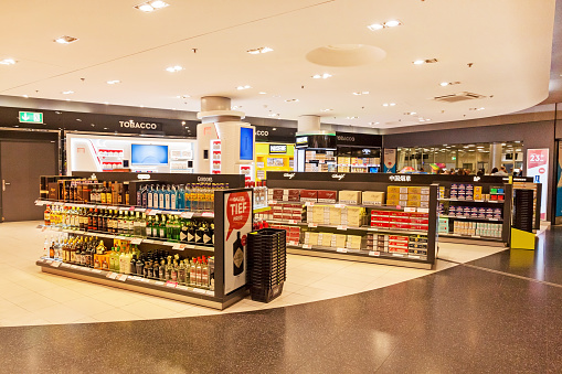Zurich: Airport Zurich duty free shop with bottles of alcohol and cigarettes