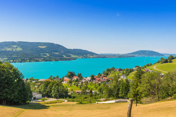 Beautiful landscape at lake Attersee in Steinbach, Salzkammergut in Austria Beautiful landscape at lake Attersee in Steinbach, Salzkammergut in Austria attersee stock pictures, royalty-free photos & images