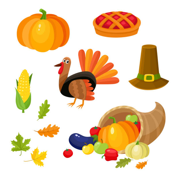 illustrazioni stock, clip art, cartoni animati e icone di tendenza di set di simboli colorati del ringraziamento - turkey thanksgiving farm meal