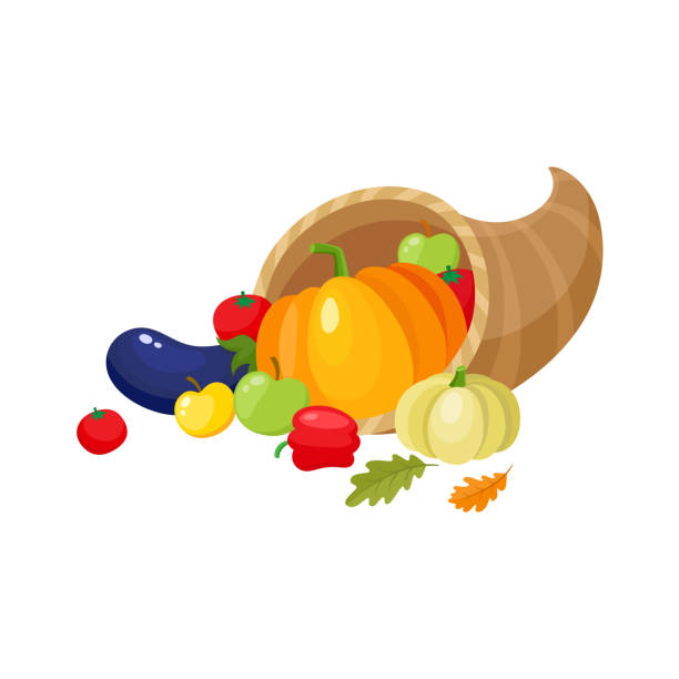 ilustraciones, imágenes clip art, dibujos animados e iconos de stock de cornucopia de dibujos animados, cuerno de la abundancia de la cosecha - thanksgiving fruit cornucopia vegetable