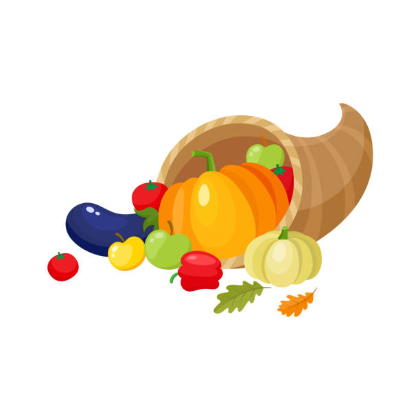 illustrazioni stock, clip art, cartoni animati e icone di tendenza di cornucopia dei cartoni animati, corno d'abbondanza, raccolta - cornucopia