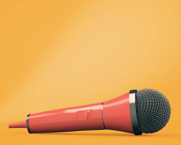 Red microphone on orange background. 3d render stock photo