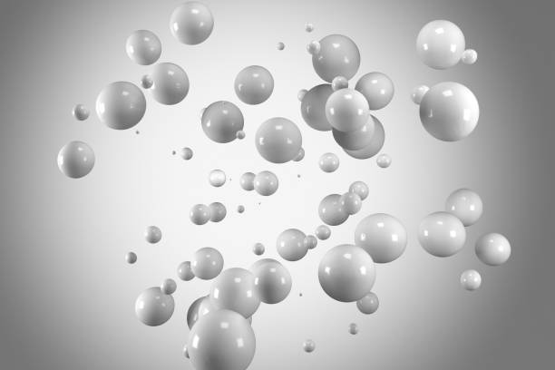 istock Group of abstract flying spheres on bright grey vigneting background 828611956