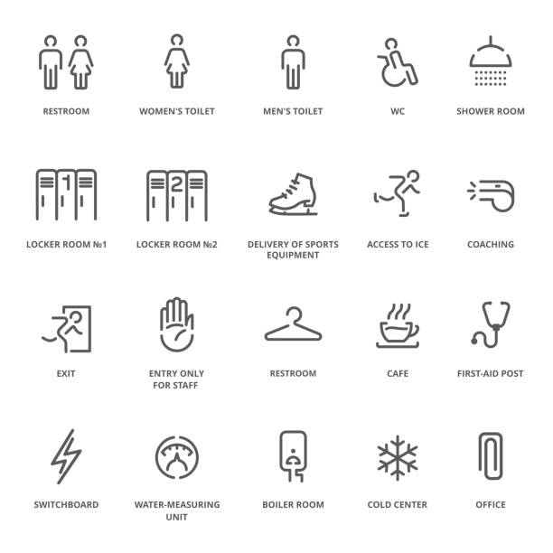 Spot icons of Ice Arena. Navigation room sign Spot icons of Ice Arena. Navigation room sign. Vector plain simple line design icons and pictograms set. locker room stock illustrations
