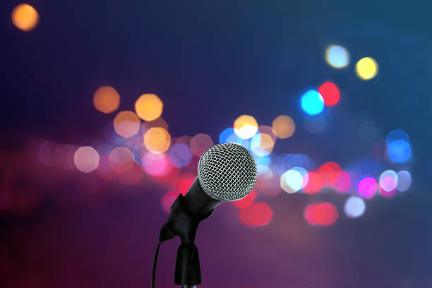 close up microphone  on stage in concert hall. - disco ball fotos imagens e fotografias de stock