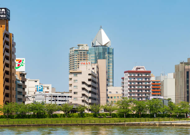 Japan Downtown Niigata Panoramic riverfront view daytime sunny day