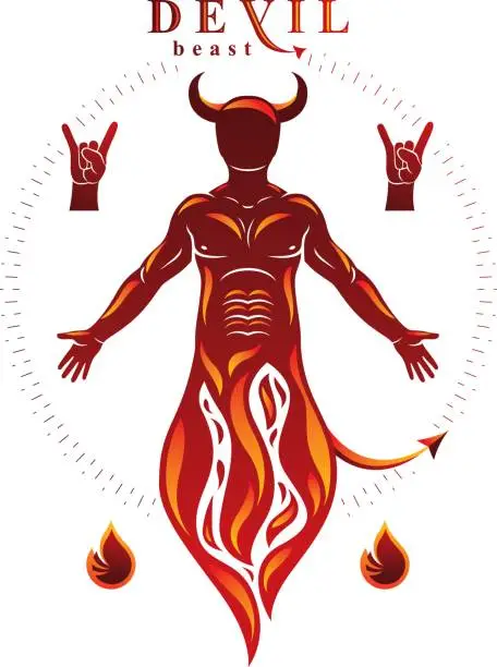 Vector illustration of Vector graphic illustration of muscular human derives from fire. Mystic infernal demon, horned Lucifer, evil forces.