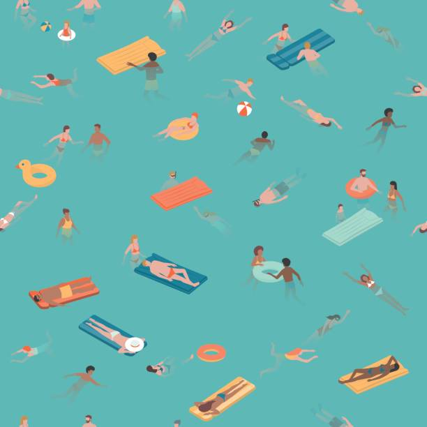 People swimming and diving in the sea Happy people relaxing and swimming together in the sea, the are relaxing and diving into the water, seamless pattern person diving into water stock illustrations