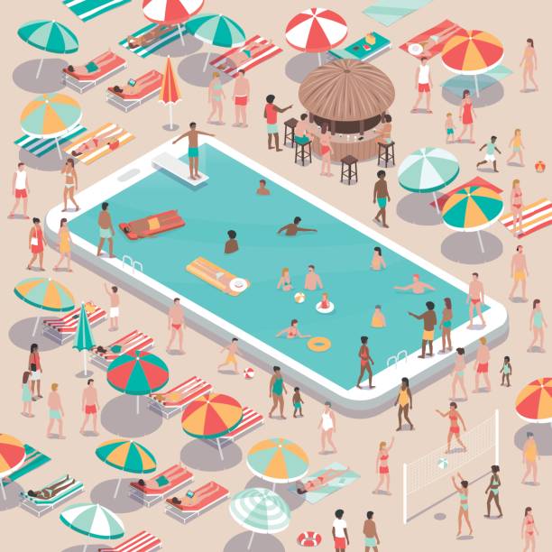 Vacations and technology People relaxing at the beach resort and swimming in a smartphone pool, vacations and technology concept, aerial view person diving into water stock illustrations