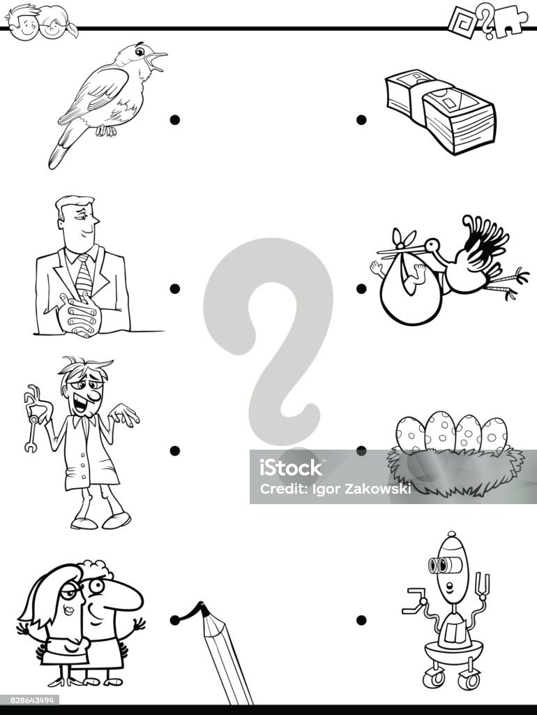 match objects educational coloring book Black and White Cartoon Illustration of Education Pictures Matching Game for Children with People and Animals and Objects Coloring Book Connect the Dots stock vector