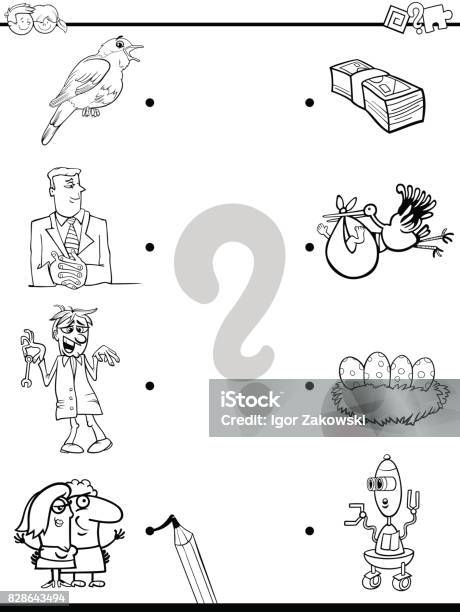 Match Objects Educational Coloring Book Stock Illustration - Download Image Now - Connect the Dots, Currency, Animal