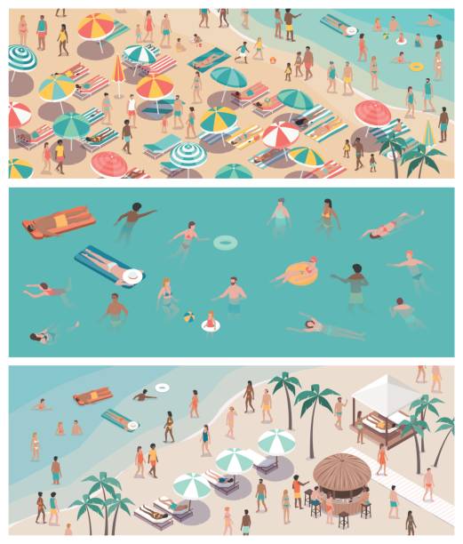 ilustrações, clipart, desenhos animados e ícones de férias de verão na praia - fun tourist resort beach group of people