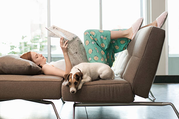 woman relaxing with dog - mujer leyendo periodico fotografías e imágenes de stock