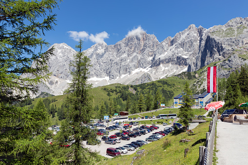 Dachstein mountains, Austria - July 17, 2017: Car park near the valley station of the Dachstein glacier cable car in Austria