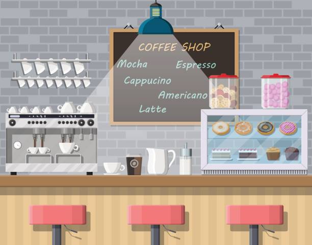 innenraum des café, pub, café oder bar. - kaffe auf glastisch stock-grafiken, -clipart, -cartoons und -symbole