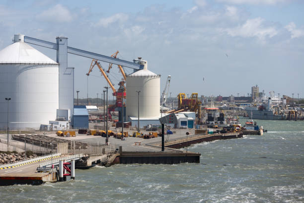 HARBOR CALAIS, FRANCE - JUNE 07, 2017: Harbor Calais with carriers and storage silo's