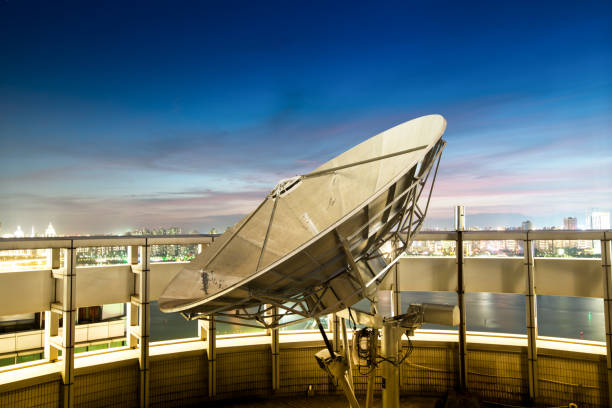 istock Satellite dish sky sun stars communication technology network image background for design sunset 828679850