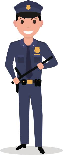 ilustrações de stock, clip art, desenhos animados e ícones de vector cartoon policeman in uniform police baton - humor badge blue crime