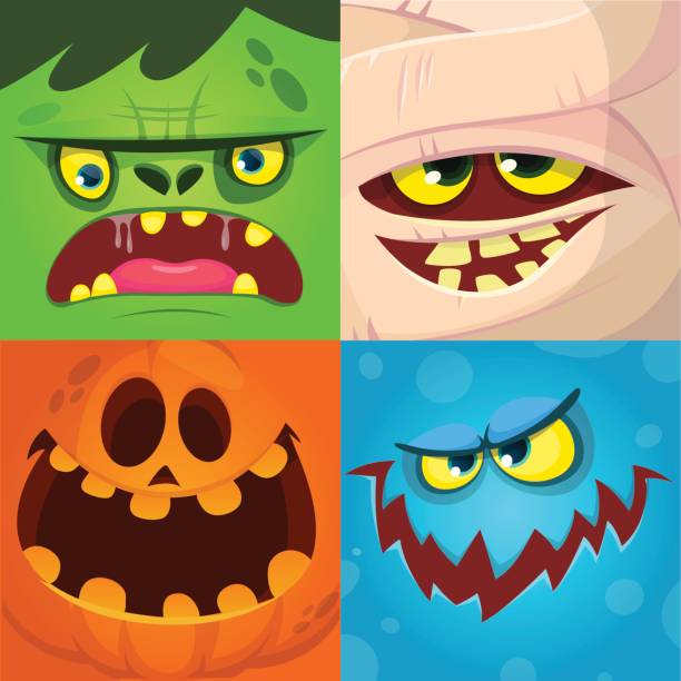 kreskówka potwór twarze zestaw wektora. słodkie kwadratowe awatary i ikony. potwór, twarz dyni, mama, zombie - spooky human face zombie horror stock illustrations