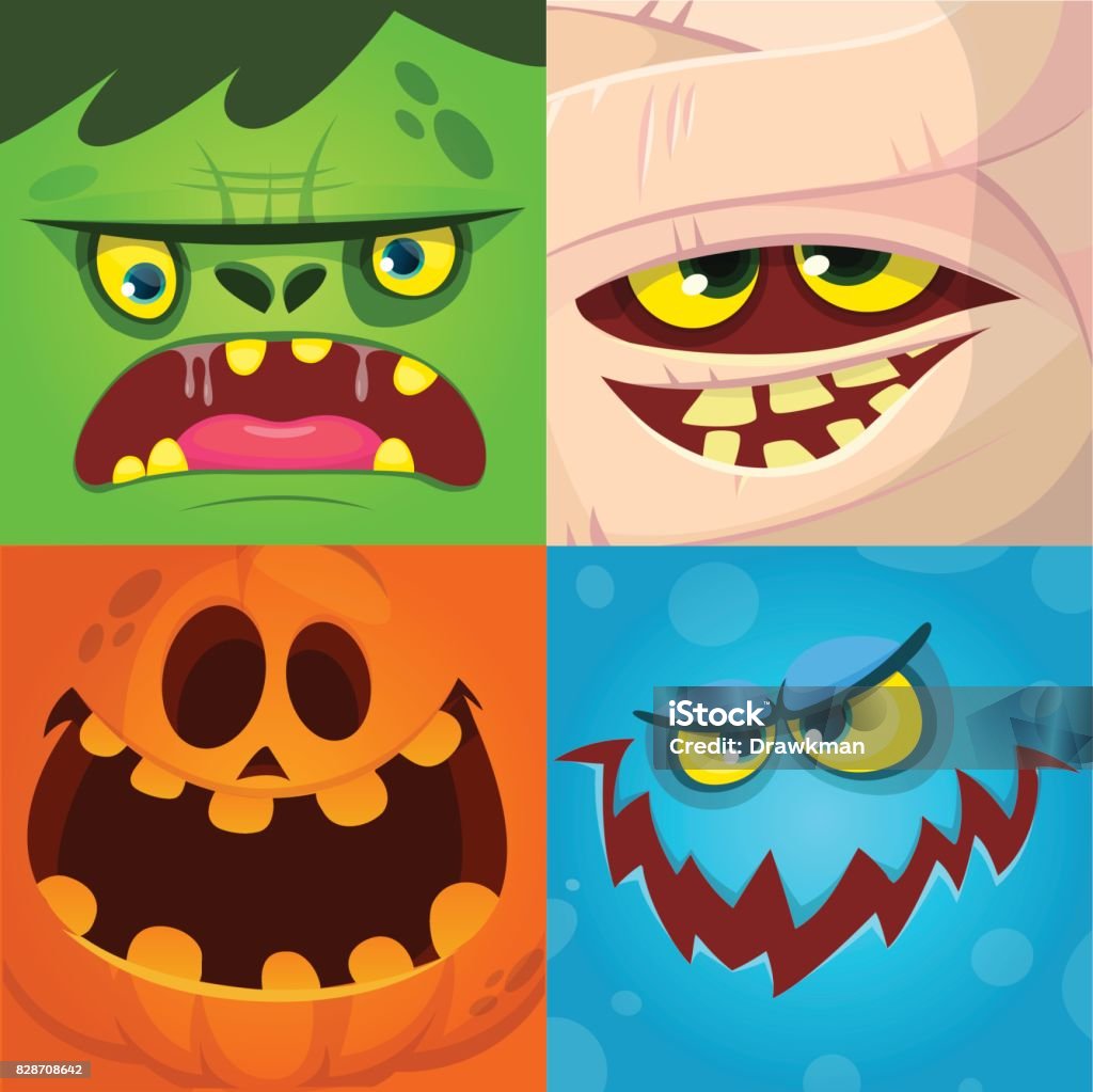 Cartoon Monster Faces Vector Set Cute Square Avatars And Icons Monster  Pumpkin Face Mummy Zombie Stock Illustration - Download Image Now - iStock