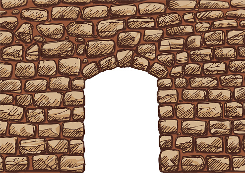 Stone wall with arched door with sketchy styled.
