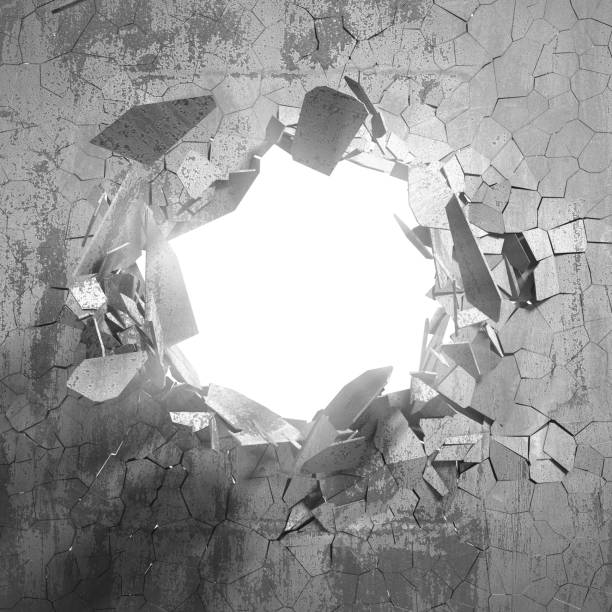 istock Cracked big hole in broken concrete wall to light 828748938